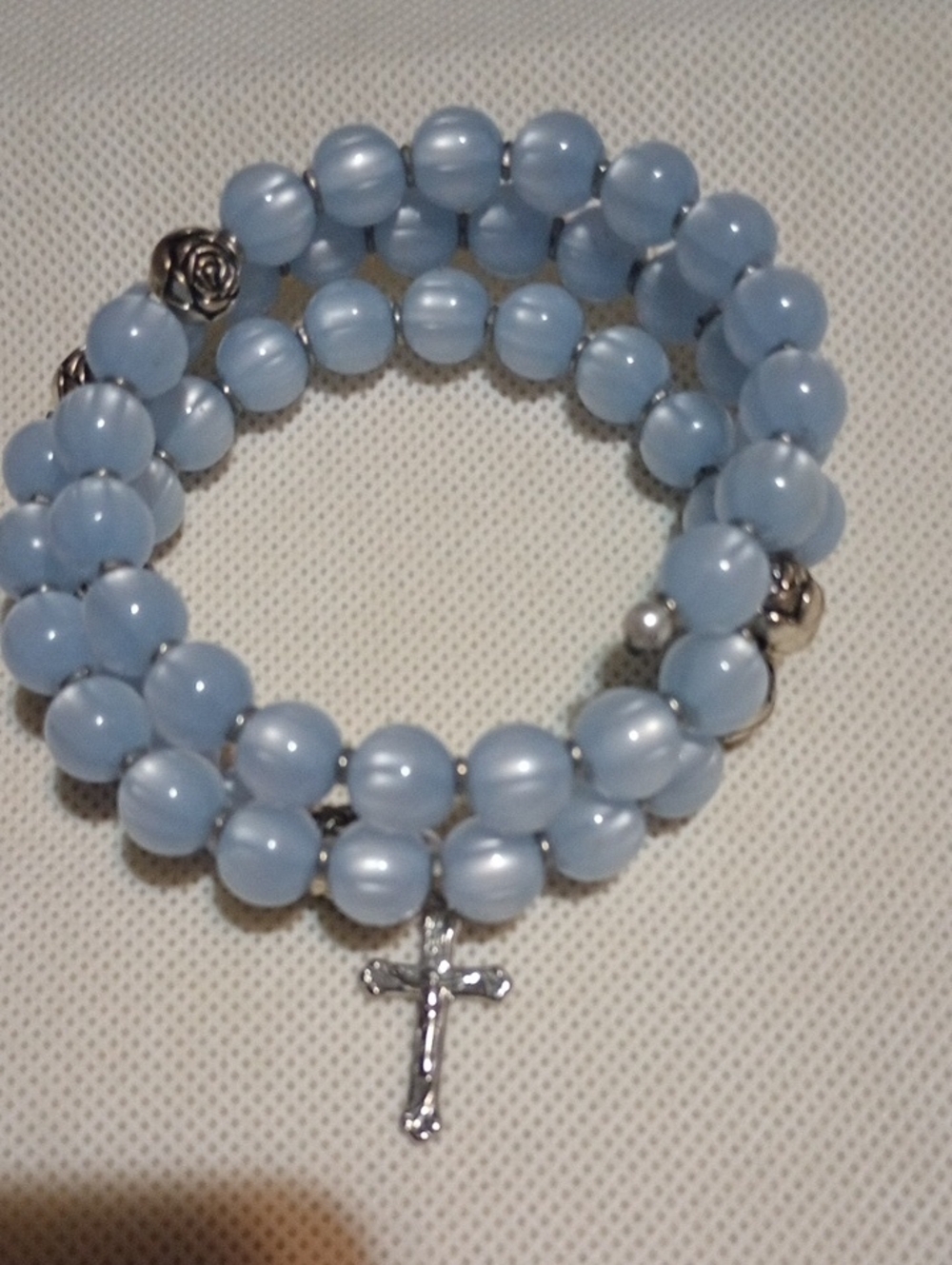 Light Blue Beaded Wrap Bracelet with Cross Charm